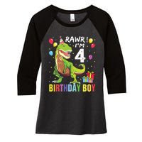 4 Year Old 4th Birthday Rex Dinosaur Women's Tri-Blend 3/4-Sleeve Raglan Shirt