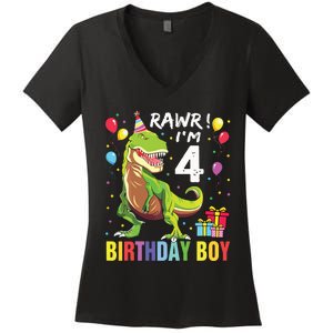 4 Year Old 4th Birthday Rex Dinosaur Women's V-Neck T-Shirt