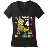 4 Year Old 4th Birthday Rex Dinosaur Women's V-Neck T-Shirt