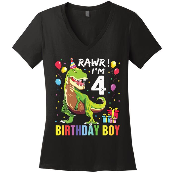 4 Year Old 4th Birthday Rex Dinosaur Women's V-Neck T-Shirt