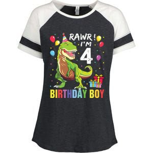 4 Year Old 4th Birthday Rex Dinosaur Enza Ladies Jersey Colorblock Tee