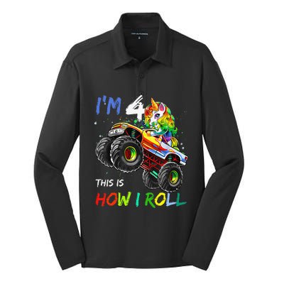 4 Years Old Unicorn Monster Truck 4th Birthday Gift For Silk Touch Performance Long Sleeve Polo