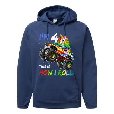 4 Years Old Unicorn Monster Truck 4th Birthday Gift For Performance Fleece Hoodie