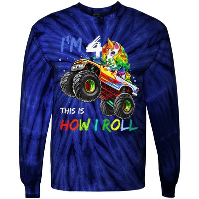 4 Years Old Unicorn Monster Truck 4th Birthday Gift For Tie-Dye Long Sleeve Shirt