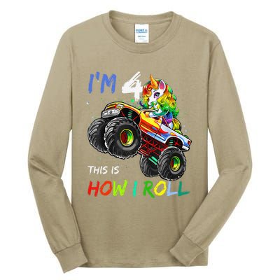 4 Years Old Unicorn Monster Truck 4th Birthday Gift For Tall Long Sleeve T-Shirt