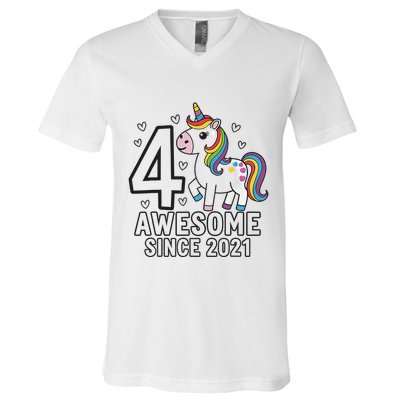 4 Year Old Unicorn Gifts For Girl 4th Birthday Party Gift V-Neck T-Shirt