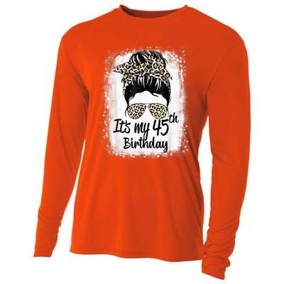 45 Years Old Messy Bun Leopard It's My 45th Birthday Cooling Performance Long Sleeve Crew