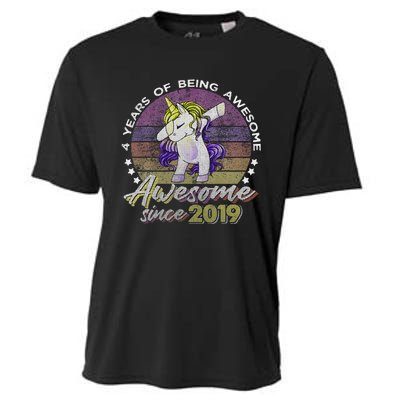 4 Years Old Dabbing Unicorn Gifts 4th Birthday Party Cooling Performance Crew T-Shirt