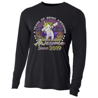 4 Years Old Dabbing Unicorn Gifts 4th Birthday Party Cooling Performance Long Sleeve Crew