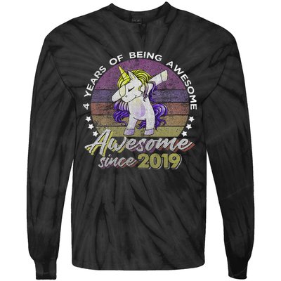 4 Years Old Dabbing Unicorn Gifts 4th Birthday Party Tie-Dye Long Sleeve Shirt