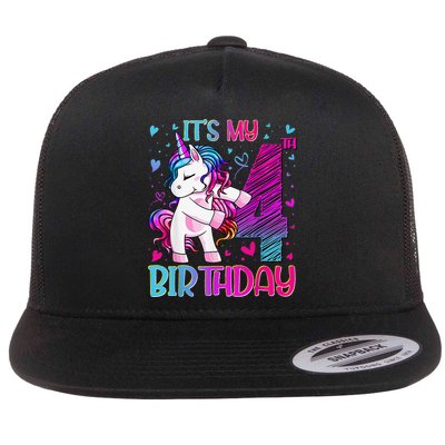 4 Years Old Unicorn Flossing 4th Birthday Unicorn Party Flat Bill Trucker Hat