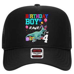 4 Year Old 4th Birthday T Rex Dinosaur High Crown Mesh Back Trucker Hat