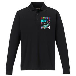 4 Year Old 4th Birthday T Rex Dinosaur Performance Long Sleeve Polo