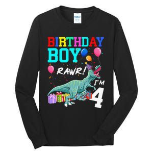 4 Year Old 4th Birthday T Rex Dinosaur Tall Long Sleeve T-Shirt