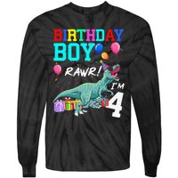 4 Year Old 4th Birthday T Rex Dinosaur Tie-Dye Long Sleeve Shirt