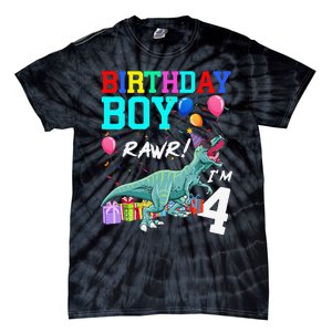 4 Year Old 4th Birthday T Rex Dinosaur Tie-Dye T-Shirt