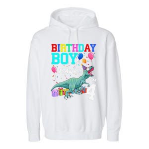 4 Year Old 4th Birthday T Rex Dinosaur Garment-Dyed Fleece Hoodie