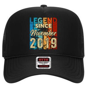 4 Years Old Legend Since November 2019 4th Birthday Boy High Crown Mesh Back Trucker Hat