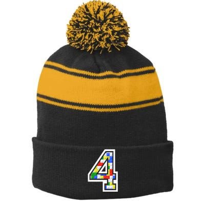 4 Year Old 4th Birthday Master Builder Block Building Brick Stripe Pom Pom Beanie