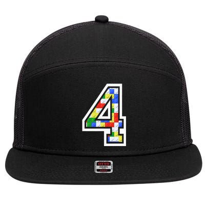 4 Year Old 4th Birthday Master Builder Block Building Brick 7 Panel Mesh Trucker Snapback Hat