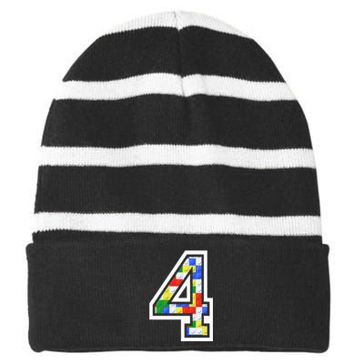 4 Year Old 4th Birthday Master Builder Block Building Brick Striped Beanie with Solid Band