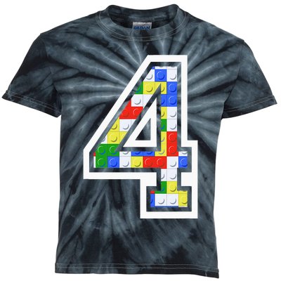 4 Year Old 4th Birthday Master Builder Block Building Brick Kids Tie-Dye T-Shirt