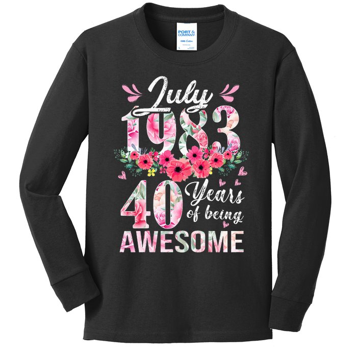 40 Year Old Made In July 1983 Floral 40th Birthday Gifts Kids Long Sleeve Shirt