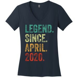 4 Years Old Legend Since April 2020 4th Birthday Women's V-Neck T-Shirt