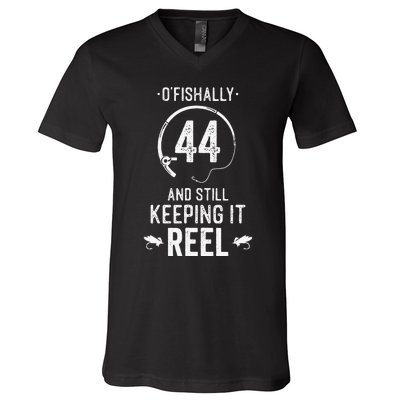 44 Year Old Fishing Fishermen Gifts For Birthday V-Neck T-Shirt