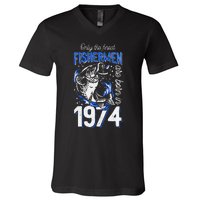 47 Years Old Fishing Fisherman 1974 47th Birthday V-Neck T-Shirt