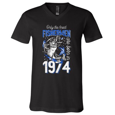 47 Years Old Fishing Fisherman 1974 47th Birthday V-Neck T-Shirt