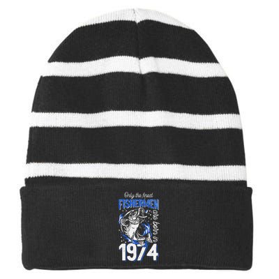 47 Years Old Fishing Fisherman 1974 47th Birthday Striped Beanie with Solid Band