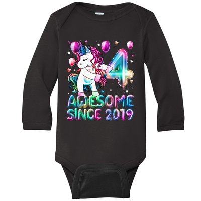 4 Years Old Unicorn Flossing 4th Birthday Girl Unicorn Party Baby Long Sleeve Bodysuit