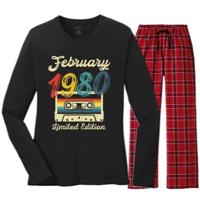 43 Years Old Gift Retro February 1980 Cassette 43rd Birthday Women's Long Sleeve Flannel Pajama Set 