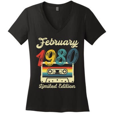 43 Years Old Gift Retro February 1980 Cassette 43rd Birthday Women's V-Neck T-Shirt