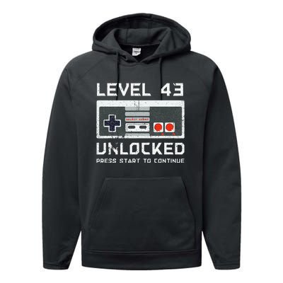 43 Year Old FortyThree Birthday Gift Level 43 Unlocked Game Performance Fleece Hoodie