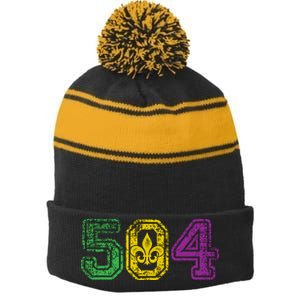 504 New Orleans Mardi Gras Stripe Pom Pom Beanie