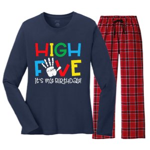 5yr 5th Birthday Funny High Five Its My Birthday Women's Long Sleeve Flannel Pajama Set 