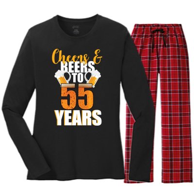 55th Birthday Cheers & Beers To 55 Years Women's Long Sleeve Flannel Pajama Set 