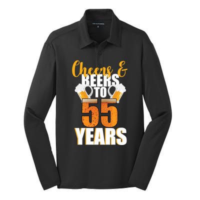 55th Birthday Cheers & Beers To 55 Years Silk Touch Performance Long Sleeve Polo