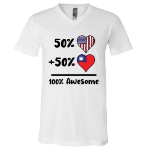 50% American 50% Taiwanese 100% Awesome Taiwan Heart Flag Gift V-Neck T-Shirt