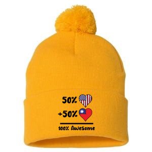 50% American 50% Taiwanese 100% Awesome Taiwan Heart Flag Gift Pom Pom 12in Knit Beanie