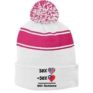 50% American 50% Taiwanese 100% Awesome Taiwan Heart Flag Gift Stripe Pom Pom Beanie