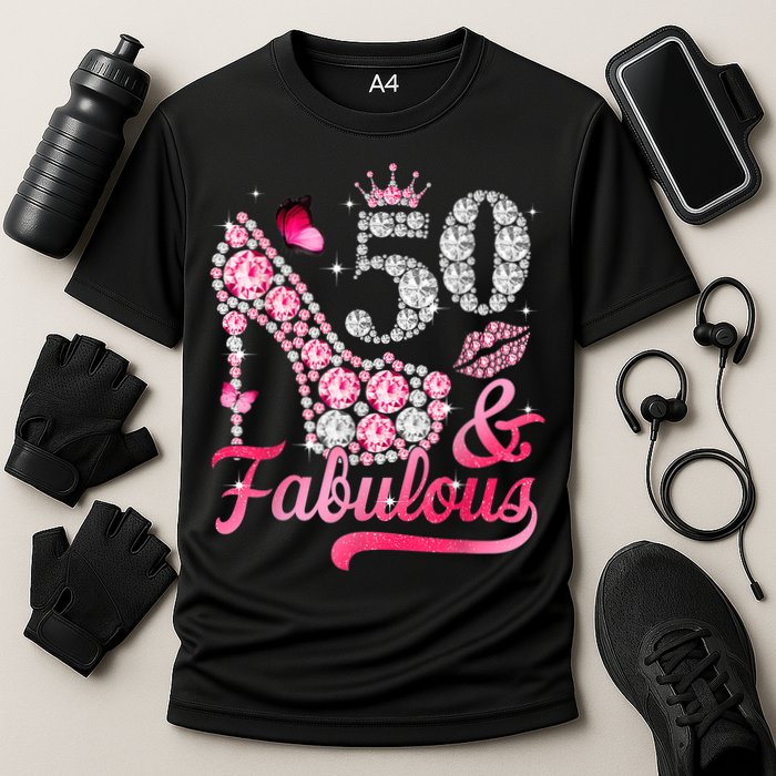 50 And Fabulous High Heel WoM.e.n.s 50th Birthday Cooling Performance Crew T-Shirt