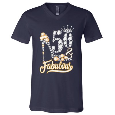 50 And Fabulous 50th Birthday Diamond Gift For Women V-Neck T-Shirt