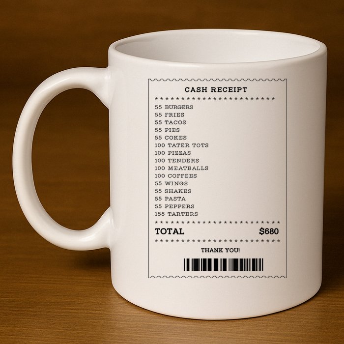 55 Burgers 55 Fries I Think You Should Leave Receipt Design 11oz C Handle Ceramic Mug