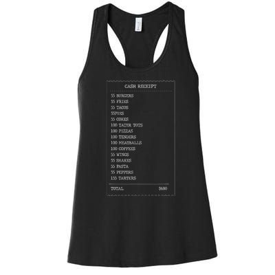 55 Burgers 55 Fries I Think You Should Leave Receipt Design Women's Racerback Tank