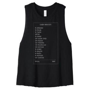 55 Burgers 55 Fries I Think You Should Leave Receipt Design Women's Racerback Cropped Tank