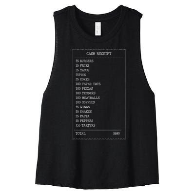 55 Burgers 55 Fries I Think You Should Leave Receipt Design Women's Racerback Cropped Tank