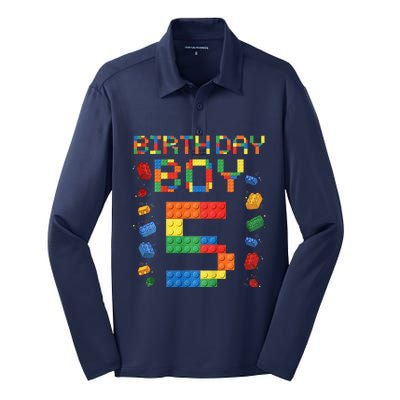 5th Birthday 5 Years Old Block Building Gift Silk Touch Performance Long Sleeve Polo